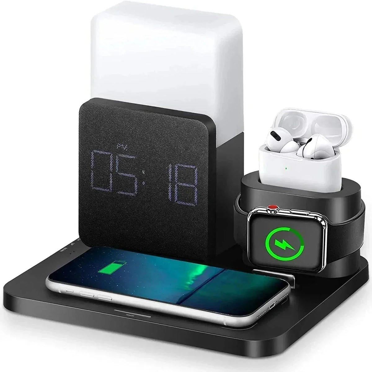 4 In 1 Fast Wireless Charger Station Alarm Clock with Lamp for Apple-iPhone wireless charger-univazo-Black- and QASUK502975897602669806447247626, 4 In 1 Fast Wireless Charger Station Alarm Clock with Lamp for Apple, iPhone wireless charger, univazo, 4 In 1 Fast Wireless Charger Station Alarm Clock with Lamp for Apple, Alarm Clock with Wireless Charging, apple charging station, apple wireless charger, fast wireless charger, iPhone wireless charger, univazo