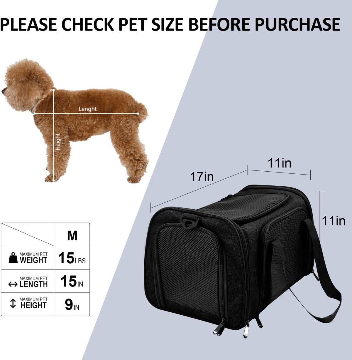 Sac de transport pour chien pour petits chats et chiens de taille moyenne et chiots jusqu'à 15 lb