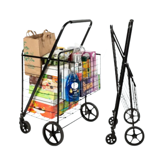 Folding Steel Grocery Cart w/ Double Basket, Swivel Wheels, 220lb Cap-univazo- and QASUK502974003939949806399242506, Folding Steel Grocery Cart w/ Double Basket, Swivel Wheels, 220lb Cap, , univazo, 