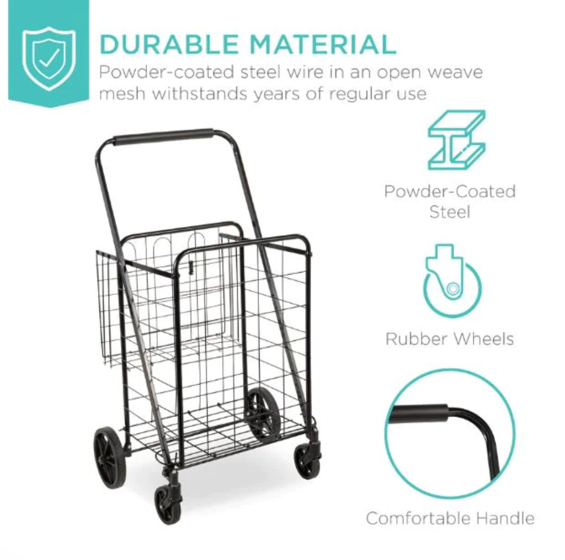 Folding Steel Grocery Cart w/ Double Basket, Swivel Wheels, 220lb Cap-univazo- and QASUK502974003939949806399242506, Folding Steel Grocery Cart w/ Double Basket, Swivel Wheels, 220lb Cap, , univazo, 