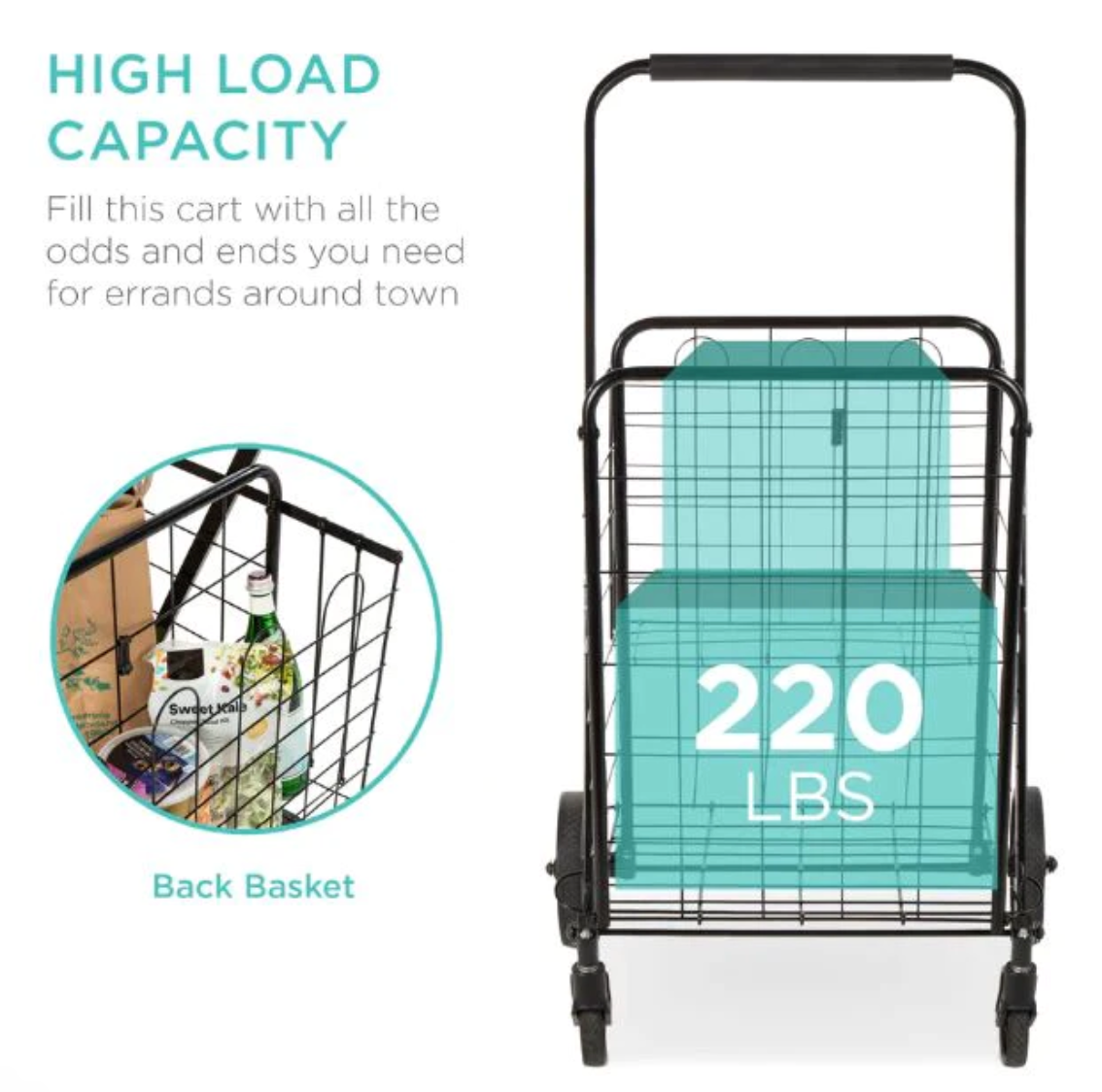 Folding Steel Grocery Cart w/ Double Basket, Swivel Wheels, 220lb Cap-univazo- and QASUK502974003939949806399242506, Folding Steel Grocery Cart w/ Double Basket, Swivel Wheels, 220lb Cap, , univazo, 