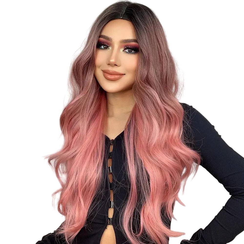 Long Wavy Ombre Pink Wig – Heat-Resistant Synthetic Hair with Natural Waves