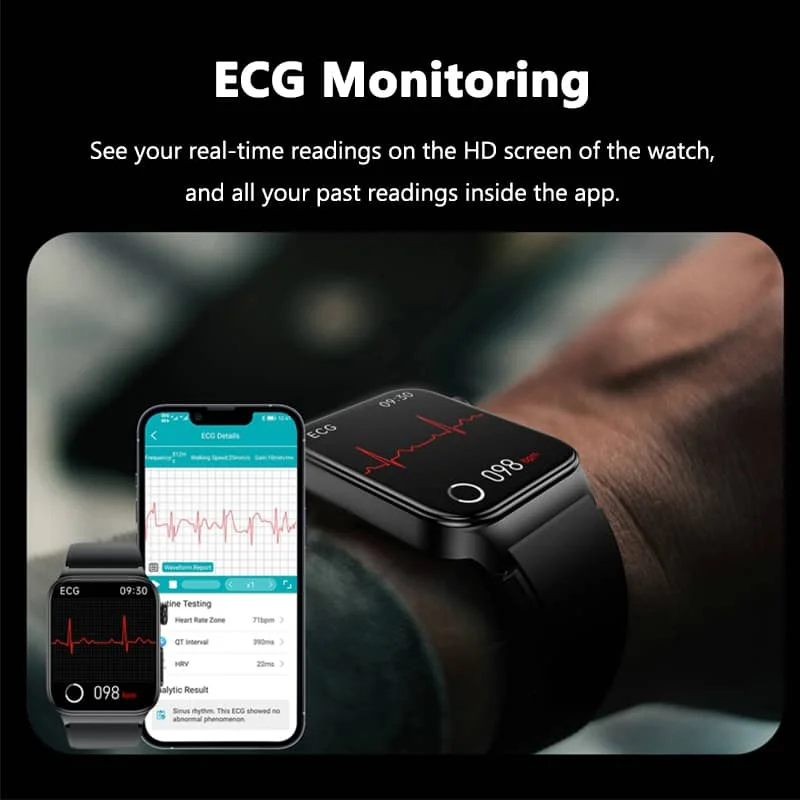 Montre intelligente ECG avec tensiomètre, température corporelle, glycémie, fréquence cardiaque, oxygène dans le sang 