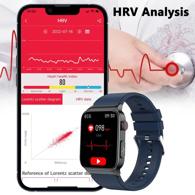 Montre intelligente ECG avec tensiomètre, température corporelle, glycémie, fréquence cardiaque, oxygène dans le sang 