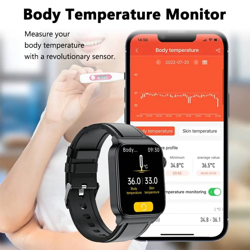 Montre intelligente ECG avec tensiomètre, température corporelle, glycémie, fréquence cardiaque, oxygène dans le sang 