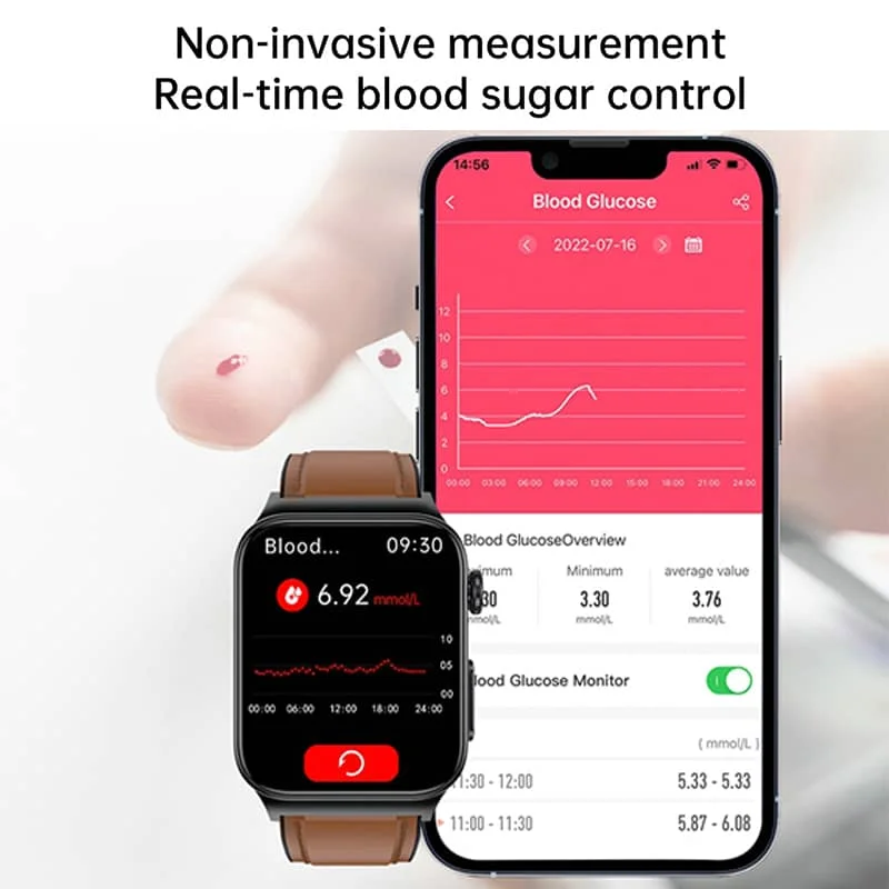 Montre intelligente ECG avec tensiomètre, température corporelle, glycémie, fréquence cardiaque, oxygène dans le sang 