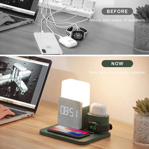 univazo - 4 In 1 Fast Wireless Charger Station Alarm Clock with Lamp for Apple