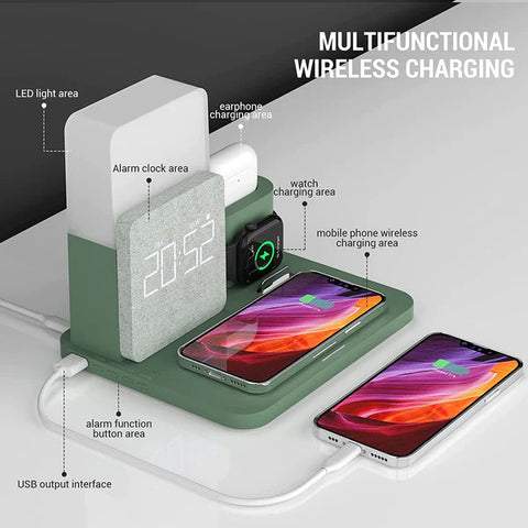 univazo - 4 In 1 Fast Wireless Charger Station Alarm Clock with Lamp for Apple